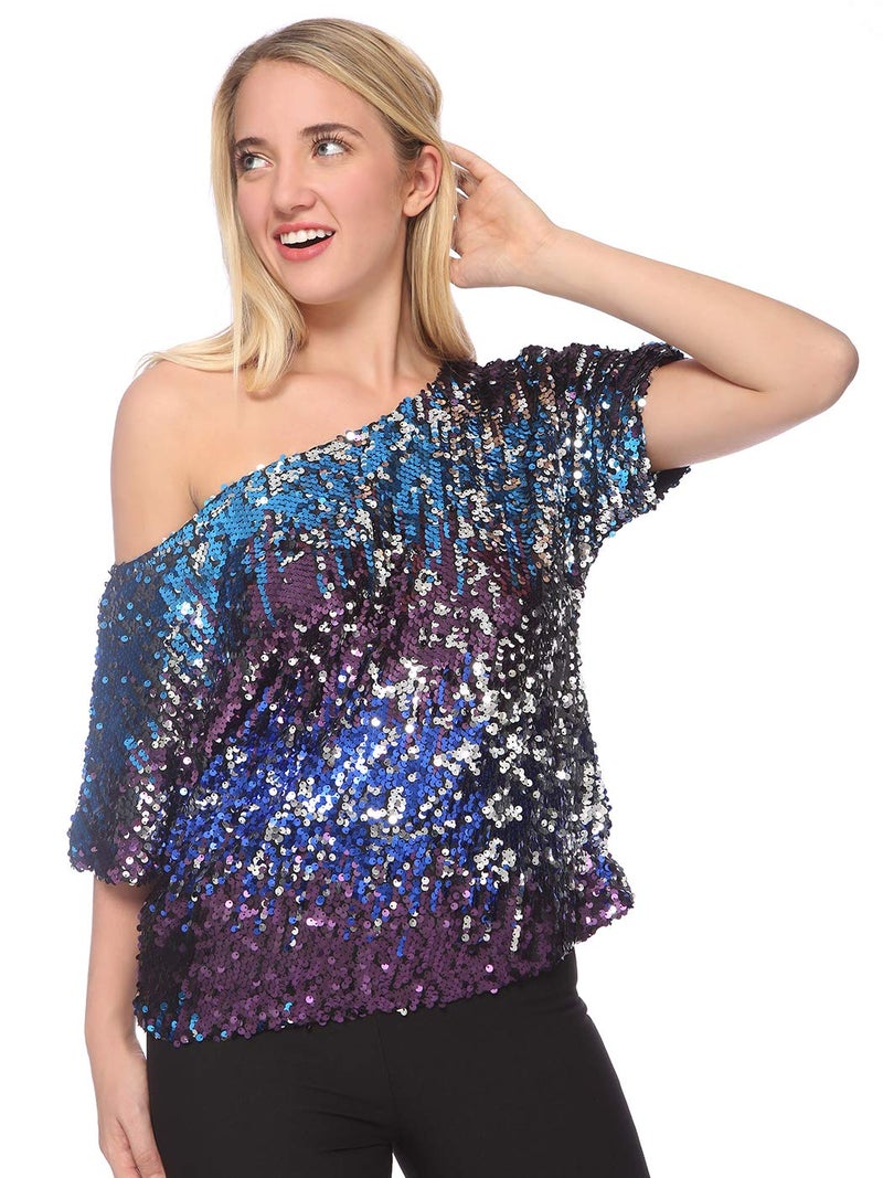 Anna-Kaci Womens Short Sleeve One Shoulder Sparkly Glitter Sequin Top Shirt Blouse, Midnight, Medium - Image 4